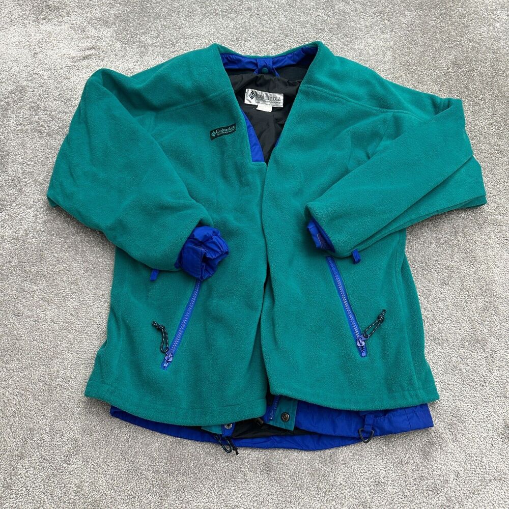 Columbia Vintage Jacket Mens Large Green Blue Full Zip Fleece Lined Collarless